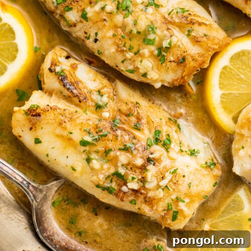 Overhead view of garlic butter cod fillets in a silver skillet with garlic butter sauce and lemon coins.
