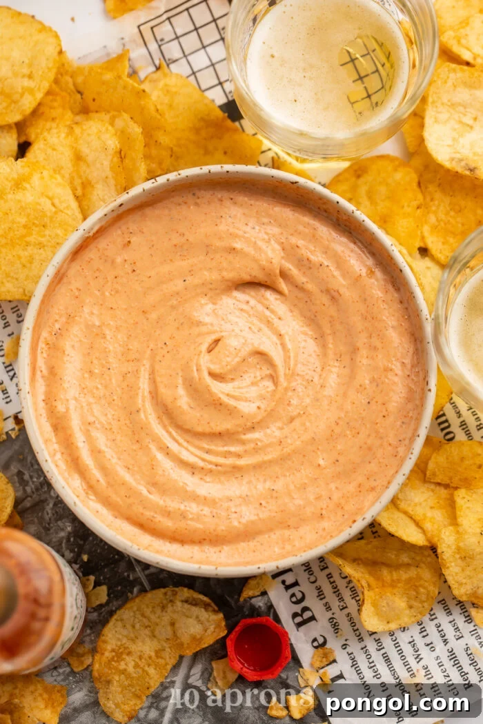 Decadent Cajun Cream Sauce 2 Overhead view of a bowl of creamy Cajun sauce surrounded by Zapp's potato chips, highlighting its irresistible texture and vibrant color.