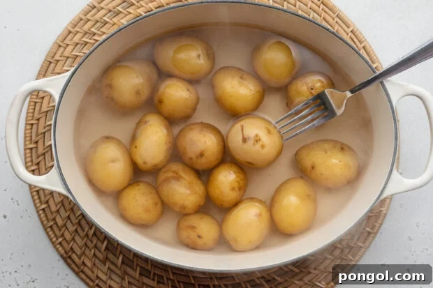 Overhead view of boiling baby potatoes in a large pot on a neutral background.