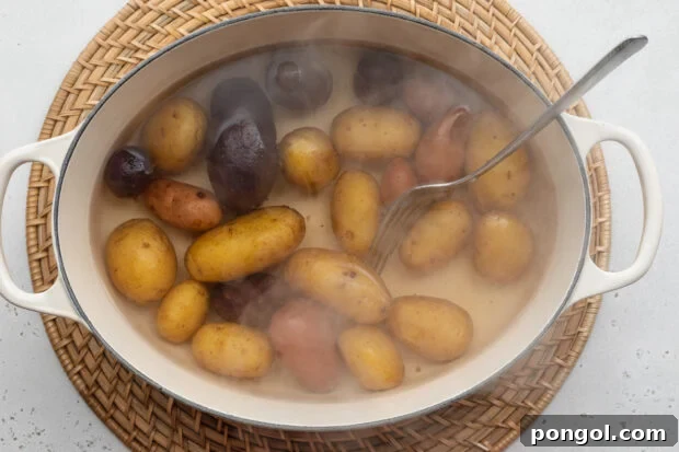 Overhead view of boiling fingerling potatoes in a large pot on a neutral background.