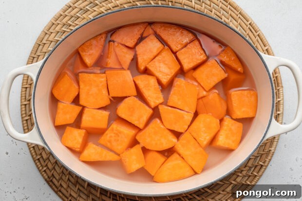 Overhead view of raw, peeled, cubed sweet potatoes in a large pot.