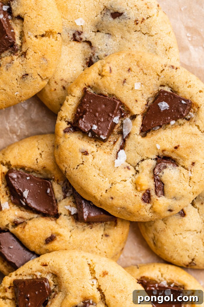 Effortless Air Fryer Chocolate Chip Cookies 3 Close-up view of an air fryer chocolate chip cookie with chunks of chocolate and flakes of salt, on a pile of cookies.