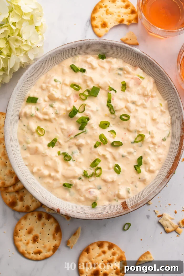 Overhead view of a large vintage bowl of shrimp dip surrounded by crackers, whole and broken.
