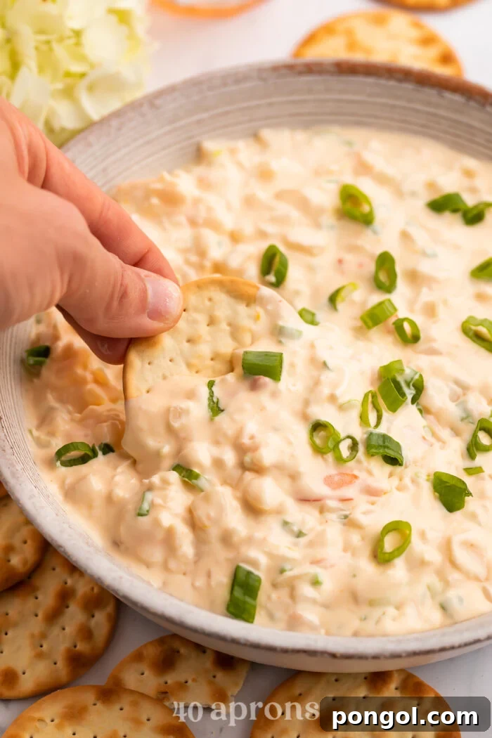 A hand holding a cracker, using it to scoop a helping of shrimp dip out of a large bowl.
