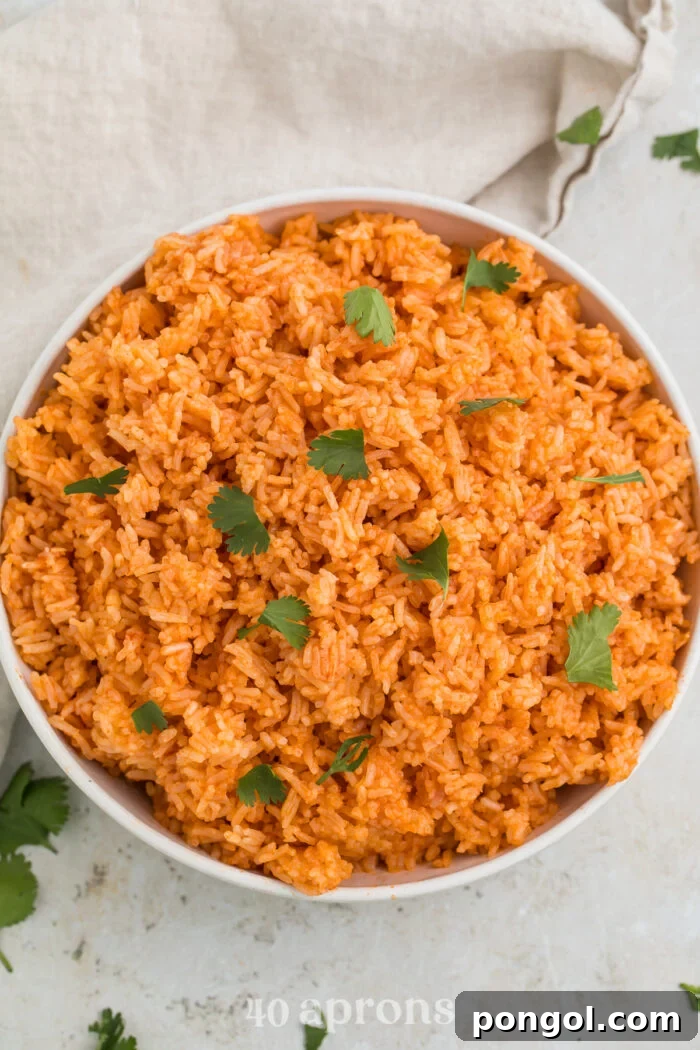 Overhead view of a large white bowl filled with orange Instant Pot Mexican rice and garnished with cilantro.