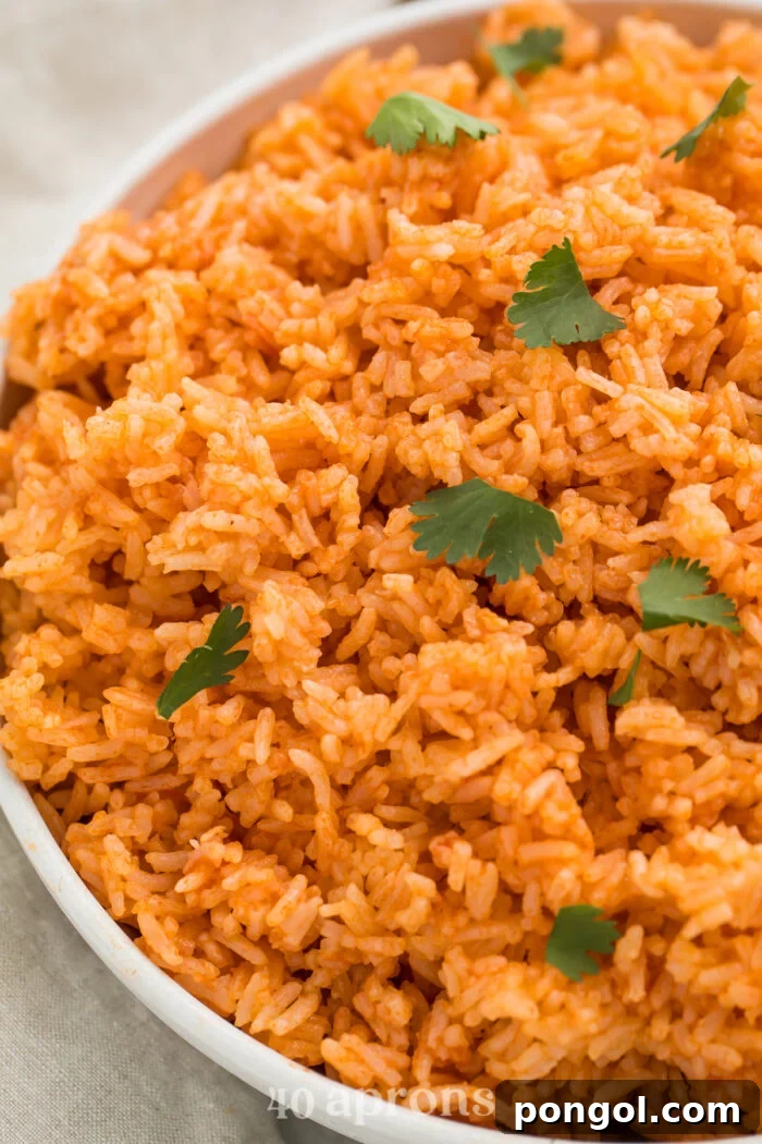 Overhead, close-up view of Instant Pot Mexican rice garnished with chopped fresh cilantro in a large white bowl.