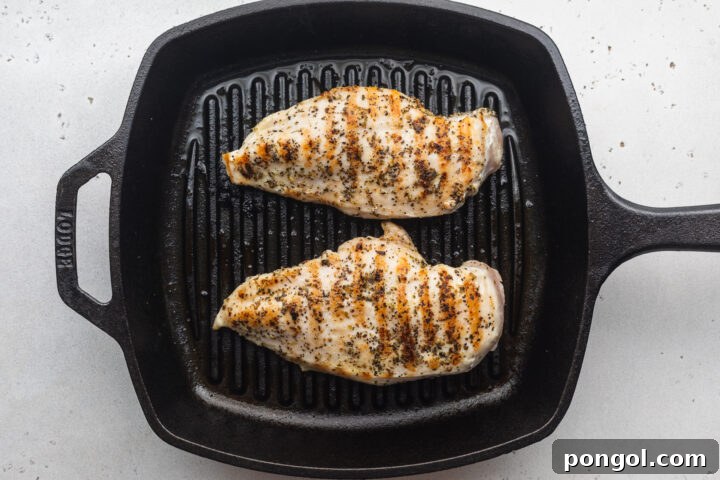 Overhead view of two grilled chicken cutlets in a grill pan on a neutral countertop.