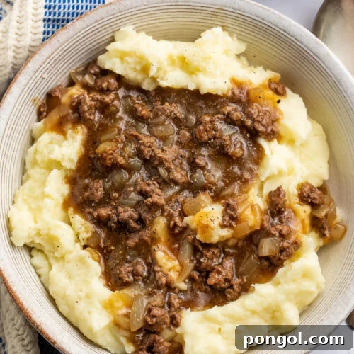 Overhead view of a bowl of ground beef and gravy on top of fluffy, creamy mashed potatoes.
