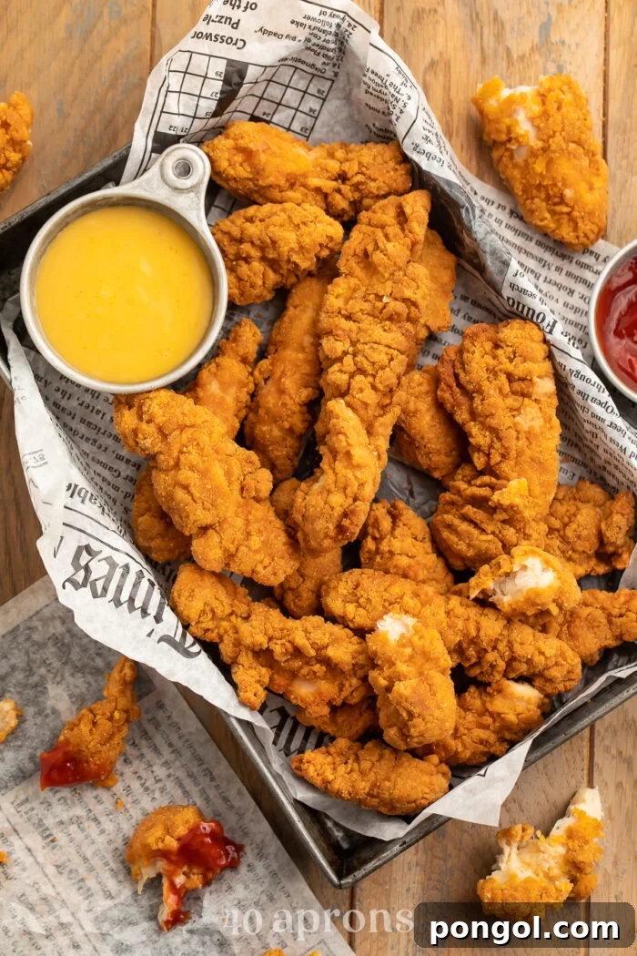 Overhead view of a pan lined with newspaper filled with golden brown, crispy air-fried chicken tenders and a small bowl of vibrant yellow honey mustard dipping sauce.