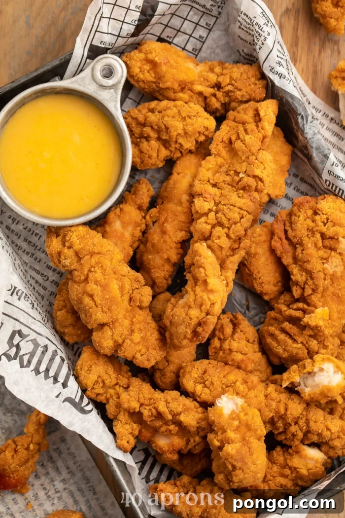 Close up overhead view of a pan lined with newspaper filled with golden brown, crispy air-fried chicken tenders and a small bowl of yellow honey mustard dipping sauce.