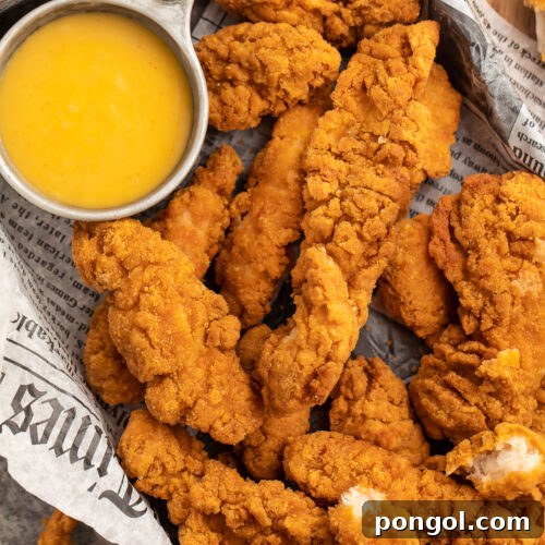 Close up overhead view of a pan lined with newspaper filled with golden brown, crispy air-fried chicken tenders and a small bowl of yellow honey mustard dipping sauce.