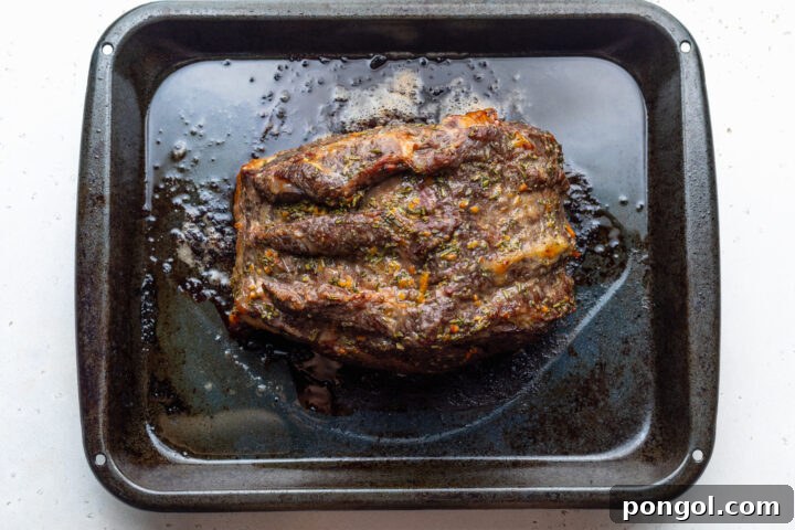 Overhead view of sous vide prime rib that's been seasoned with spices and roasted until deep brown.