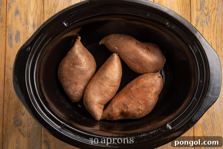 Overhead view of 4 large sweet potatoes in the bottom of a black slow cooker dish insert.