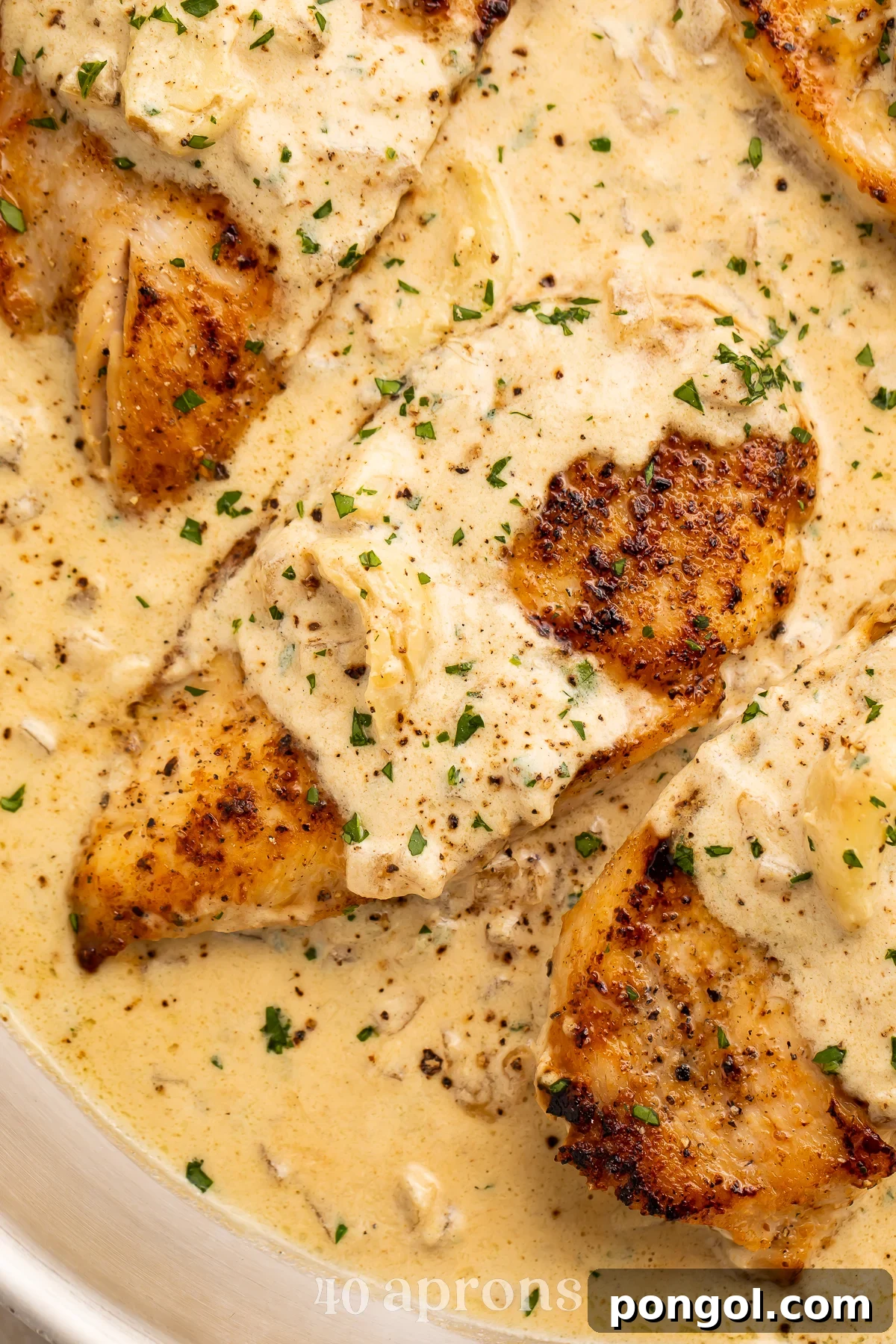 Overhead, close-up look at a pan-seared chicken breast in a creamy garlic sauce in a silver skillet, garnished with fresh herbs.