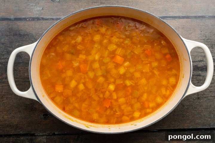 Overhead view of buffalo sauce, chicken broth, and shredded chicken simmering in a large soup pot on a wooden table.