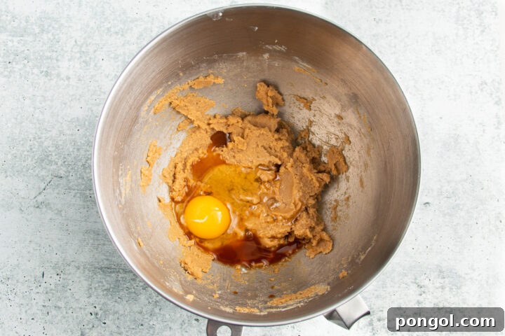 Overhead view of creamed butter and sugars with egg and vanilla extract being mixed in a large silver mixing bowl, illustrating the smooth incorporation.