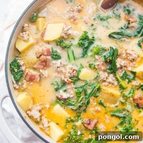 A large pot of Whole30 healthy zuppa toscana recipe