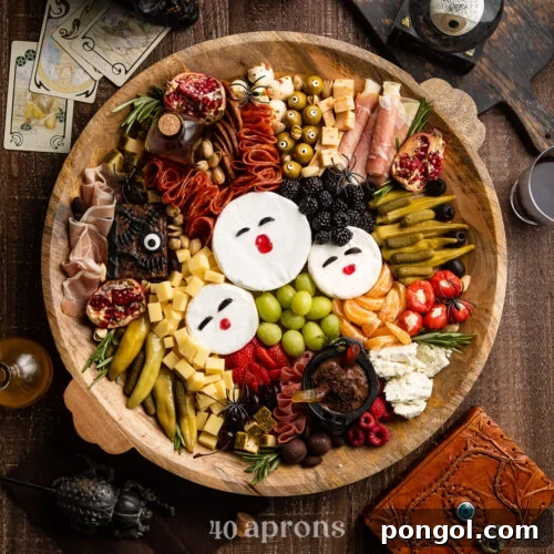 Overhead view of a Hocus Pocus themed charcuterie board with brie, fruit, cornichon, stuffed red peppers, marinated mozzarella, and other spooky snacks.