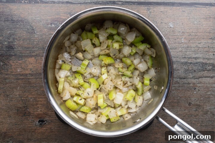 Effortless Holiday Feast 6 Sautéing onion and celery in butter for stuffing