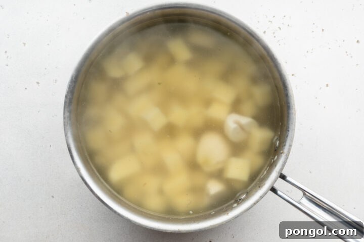 Velvety Vegan Mashed Potatoes 5 Overhead view of cubed potatoes covered with salted water in a silver saucepan with single handle.