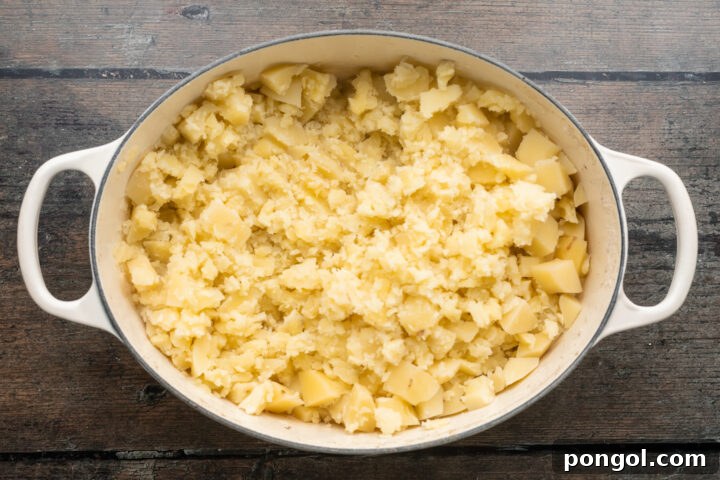 Overhead view of lightly mashed boiled potatoes in an oval baking dish with handles.