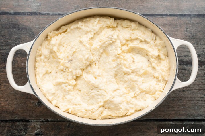 Overhead view of creamy, cheesy mashed potatoes in a large oval baking dish with handles on each end.