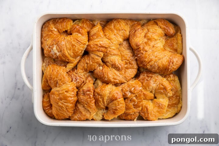 Overhead view of an unbaked croissant french toast casserole in a large rectangular casserole dish.