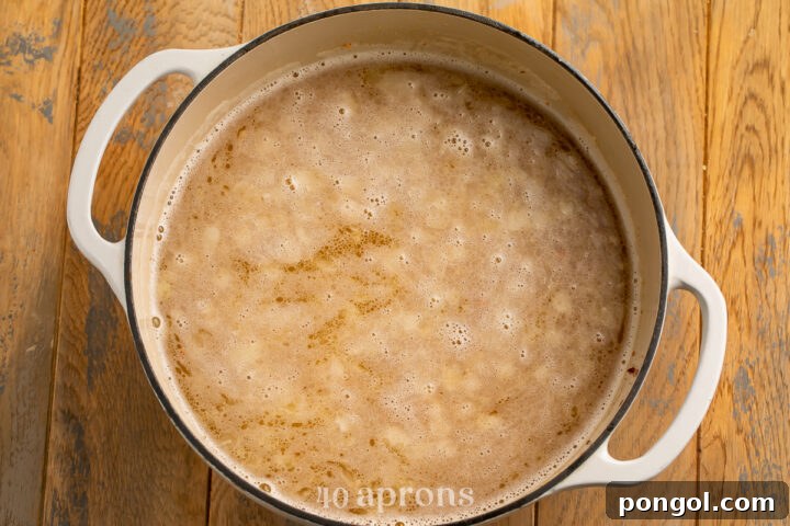 Overhead view of boiling chicken stock in a dutch oven with diced onions and minced garlic.