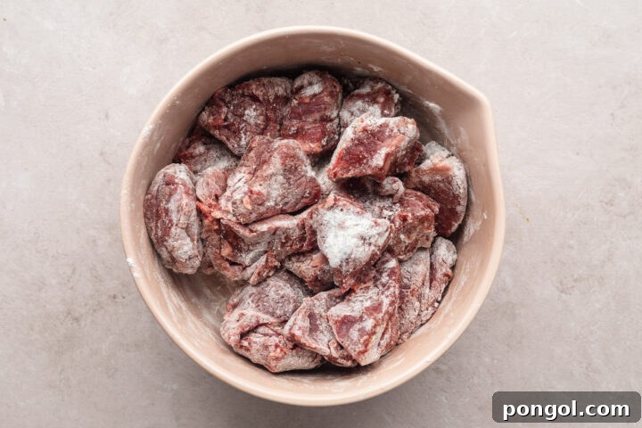 Overhead view of chunks of beef in a large bowl. Beef is liberally seasoned with salt.
