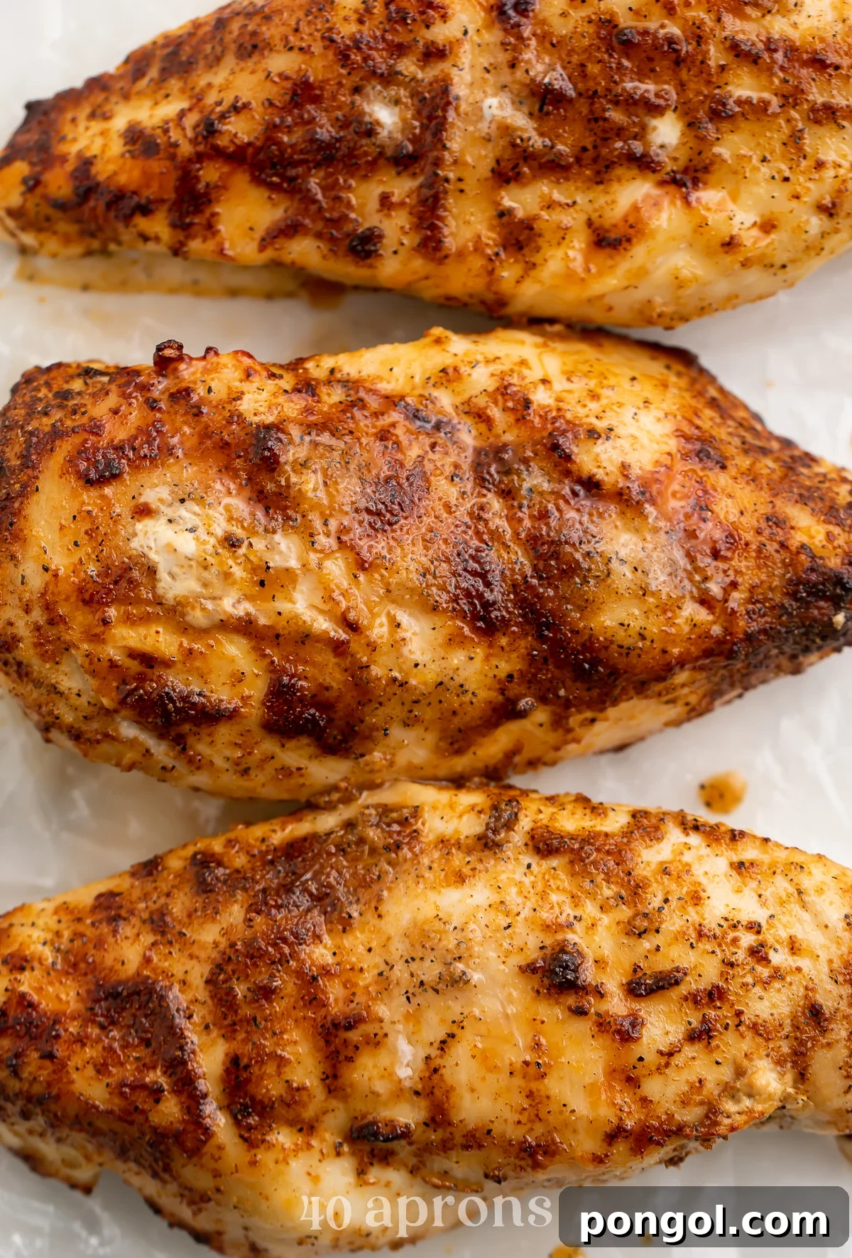 Overhead view of 3 frozen chicken breasts cooked in the air fryer and lined up next to each other on a cutting board.