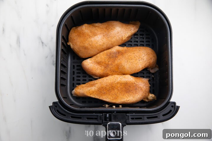 Overhead view of 3 frozen, seasoned chicken breasts in an air fryer basket.