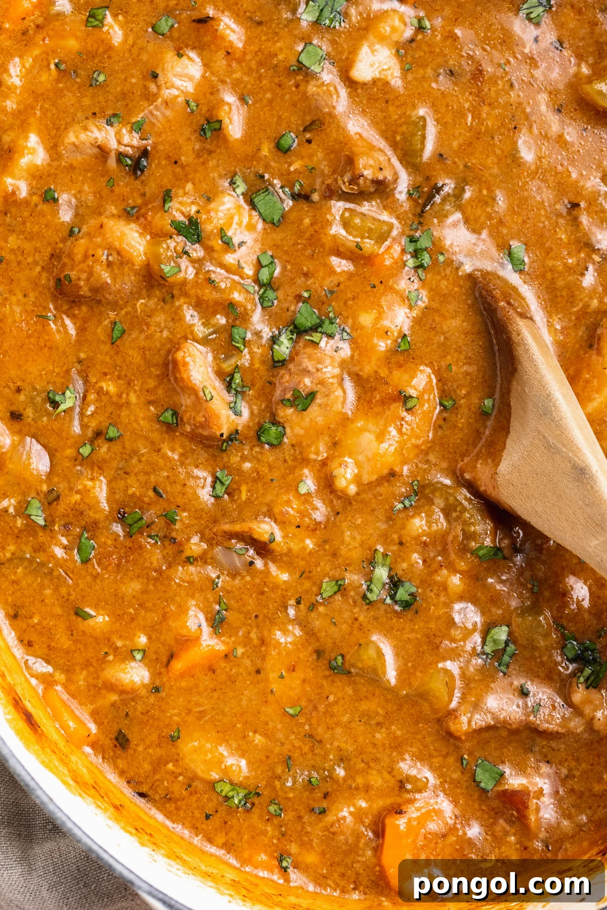 Close-up of pork stew in a large Dutch oven with a wooden spoon.