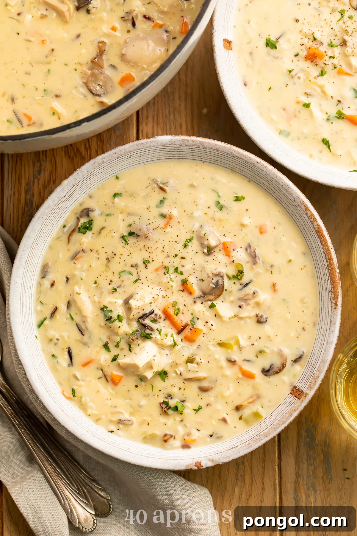 Overhead view of a bowl of chicken and wild rice soup resting on a wooden table next to a pot of soup.