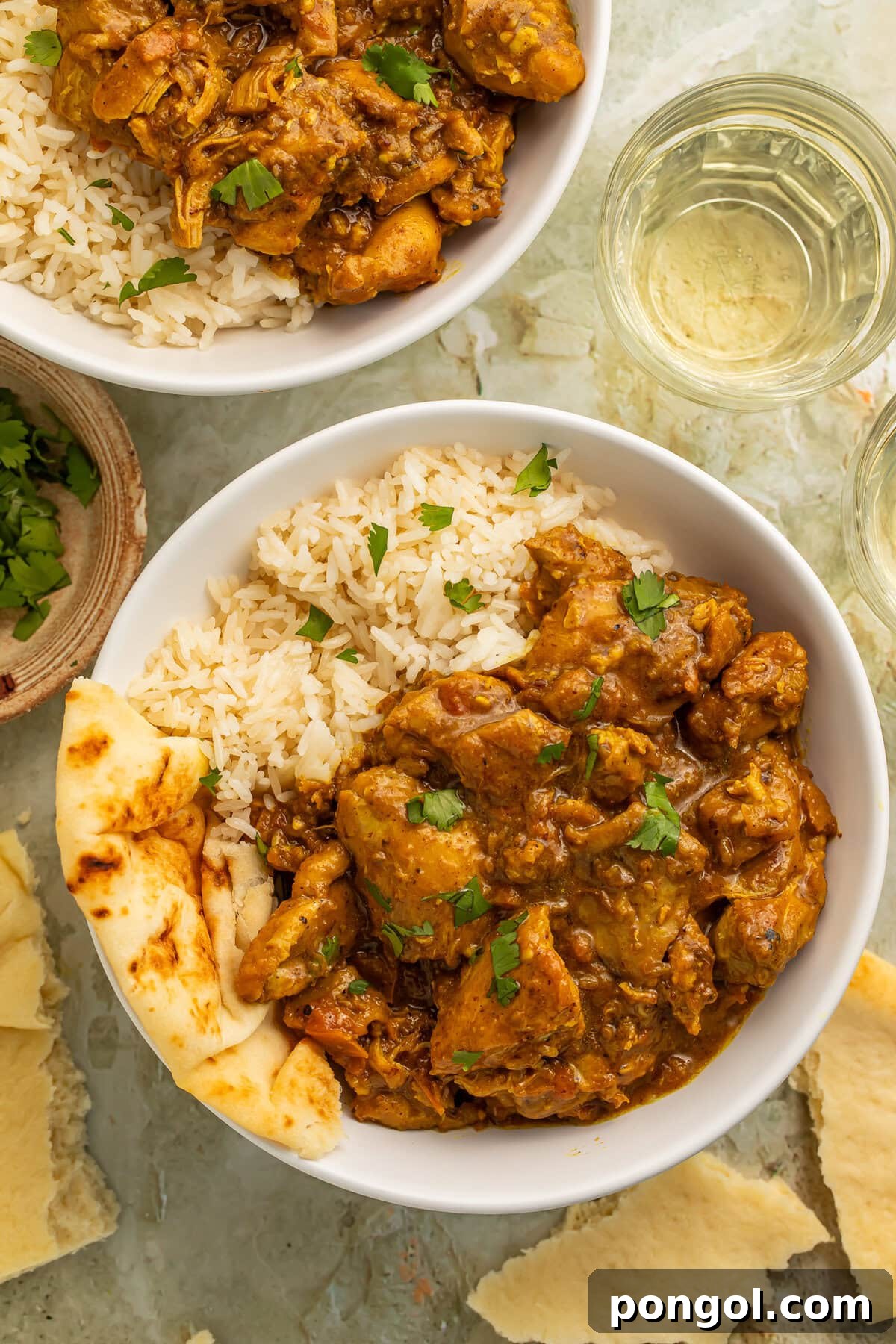 Delicious restaurant-style chicken curry with basmati rice, garnished with fresh cilantro