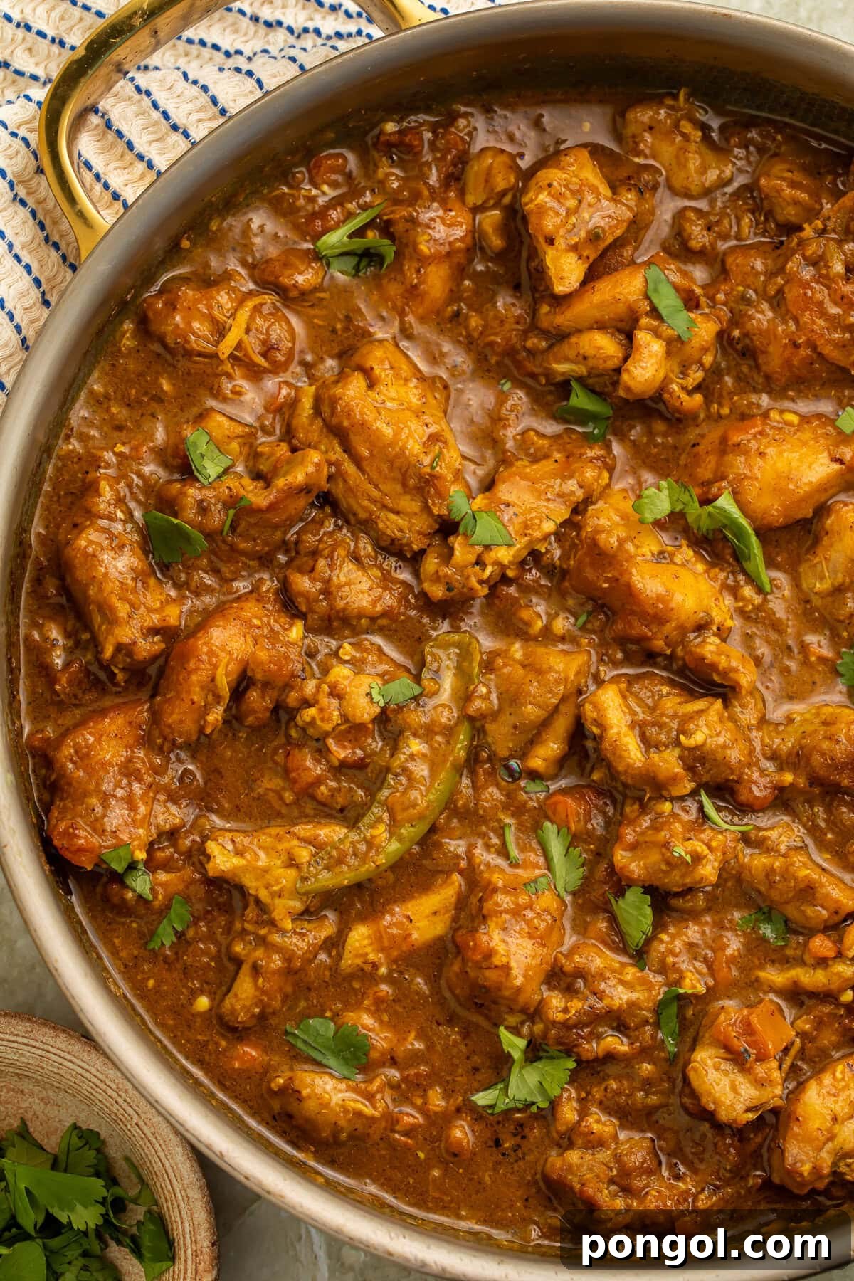 Close-up of rich, glossy chicken curry sauce simmering in a golden pot, showcasing its deep color and smooth texture