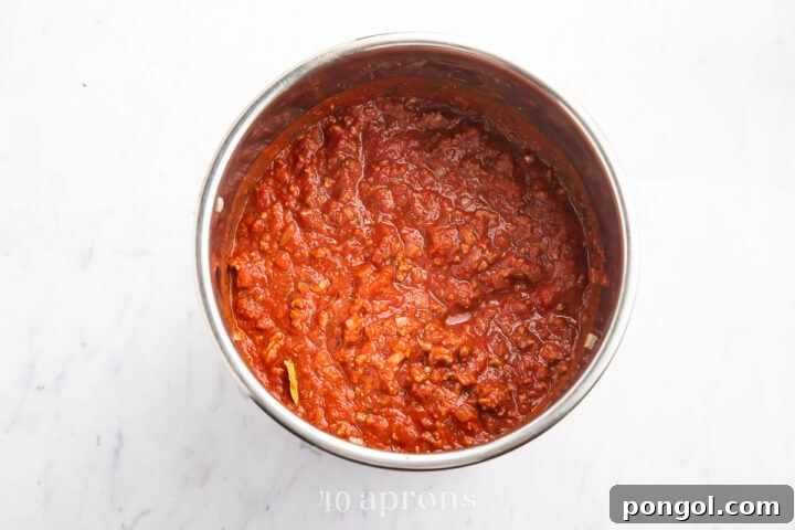 Overhead view of Instant Pot spaghetti sauce in an Instant Pot insert.