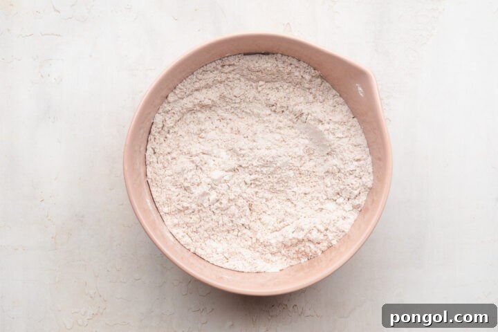Overhead view of gingerbread cookie dry ingredients in a large mixing bowl.