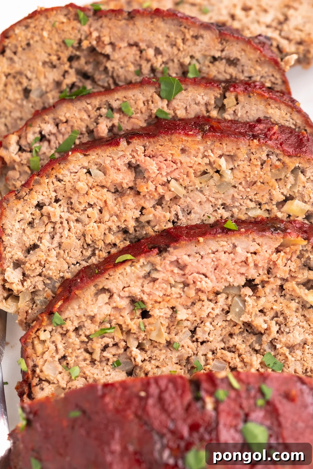 Close-up shot of several slices of Whole30 meatloaf lined up in a staggered line to show edges and centers.