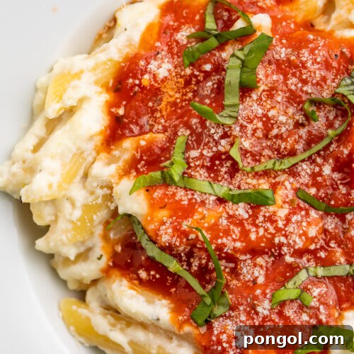 Close-up view of lemon ricotta pasta with marinara and parmesan.