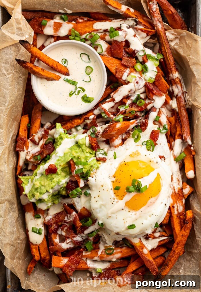 Close-up overhead view of Whole30 Loaded Sweet Potato Fries