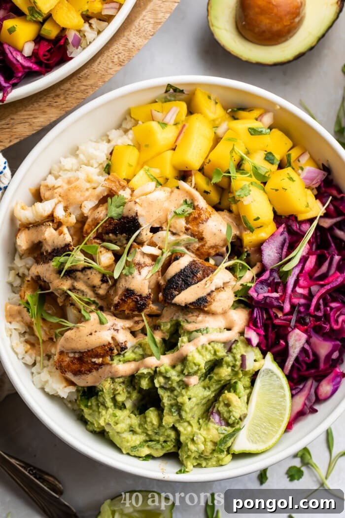 Overhead view of Whole30 fish taco bowl.