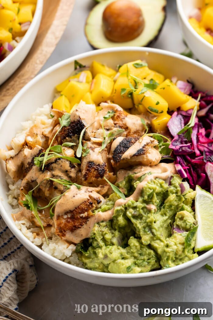 Angled view of Whole30 fish taco bowl.