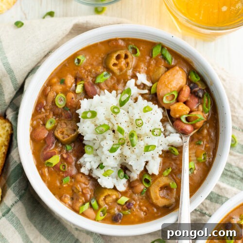 Overhead photo of a white bowl filled with reddish-brown Cajun 15-bean vegetarian gumbo, topped with rice and slices of green onion.