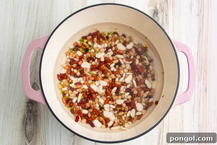 Hurst's HamBeens Cajun 15-Bean soup blend in a large pot with several cups of water, soaking to soften.