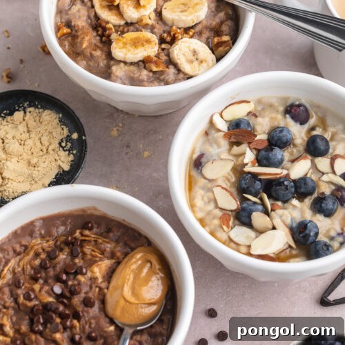 Protein Power Bowls: 3 Creative Oat Recipes 4 Overhead angled view of 3 different flavors of protein oatmeal, each in a small white ramekin on a neutral tabletop.