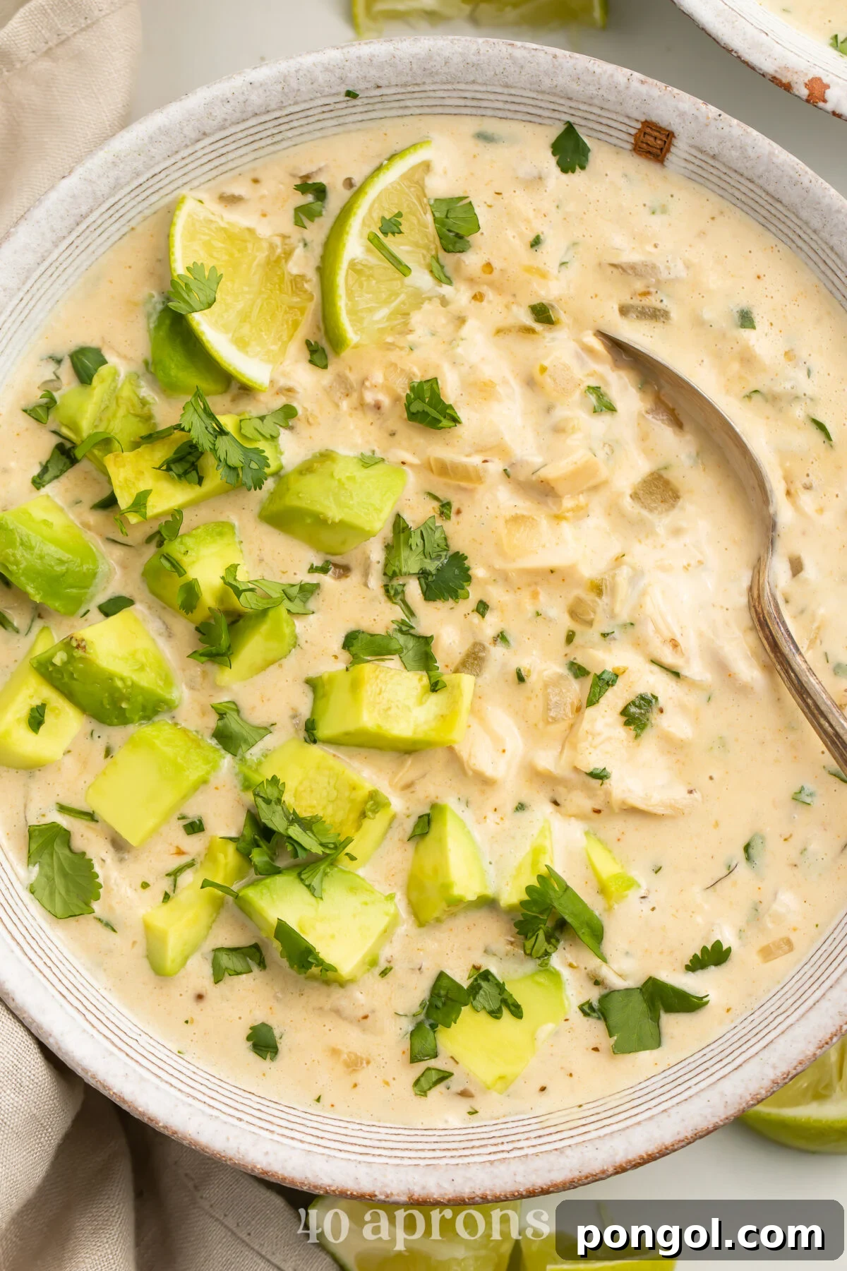 Creamy Whole30 White Chicken Chili 3 A closer, top-down view of a comforting bowl of Whole30 white chicken chili, beautifully garnished with fresh avocado and cilantro.