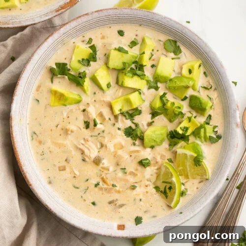 Creamy Whole30 White Chicken Chili 4 Top-down view of a bowl of Whole30-compliant white chicken chili topped with avocado and cilantro.