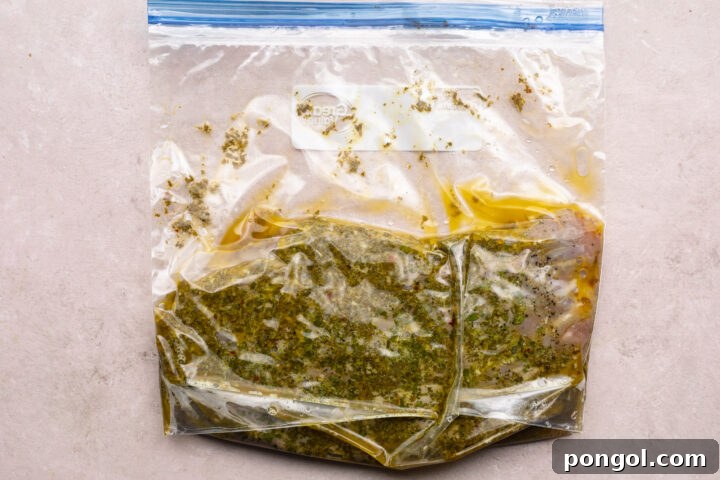 Sous vide flank steak in a Ziploc bag with prepared chimichurri sauce, submerged in a water bath.