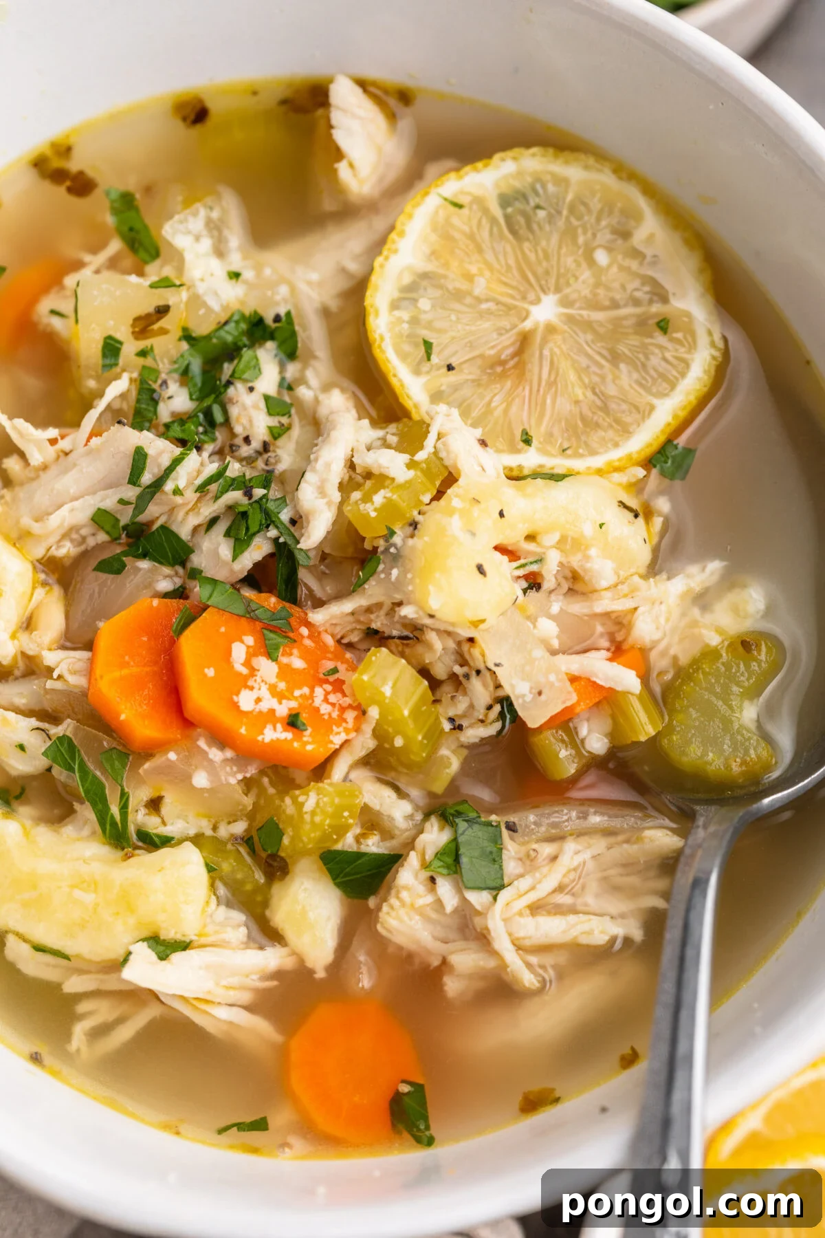 Close-up view of keto chicken noodle soup with homemade noodles and shredded chicken.