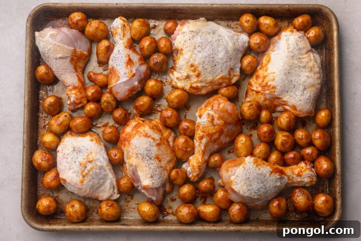 Sweet and Spicy Gochujang Sheet Pan Feast 8 Chicken thighs coated in gochujang sauce on a sheet pan, surrounded by gochujang-coated potatoes, ready for roasting.